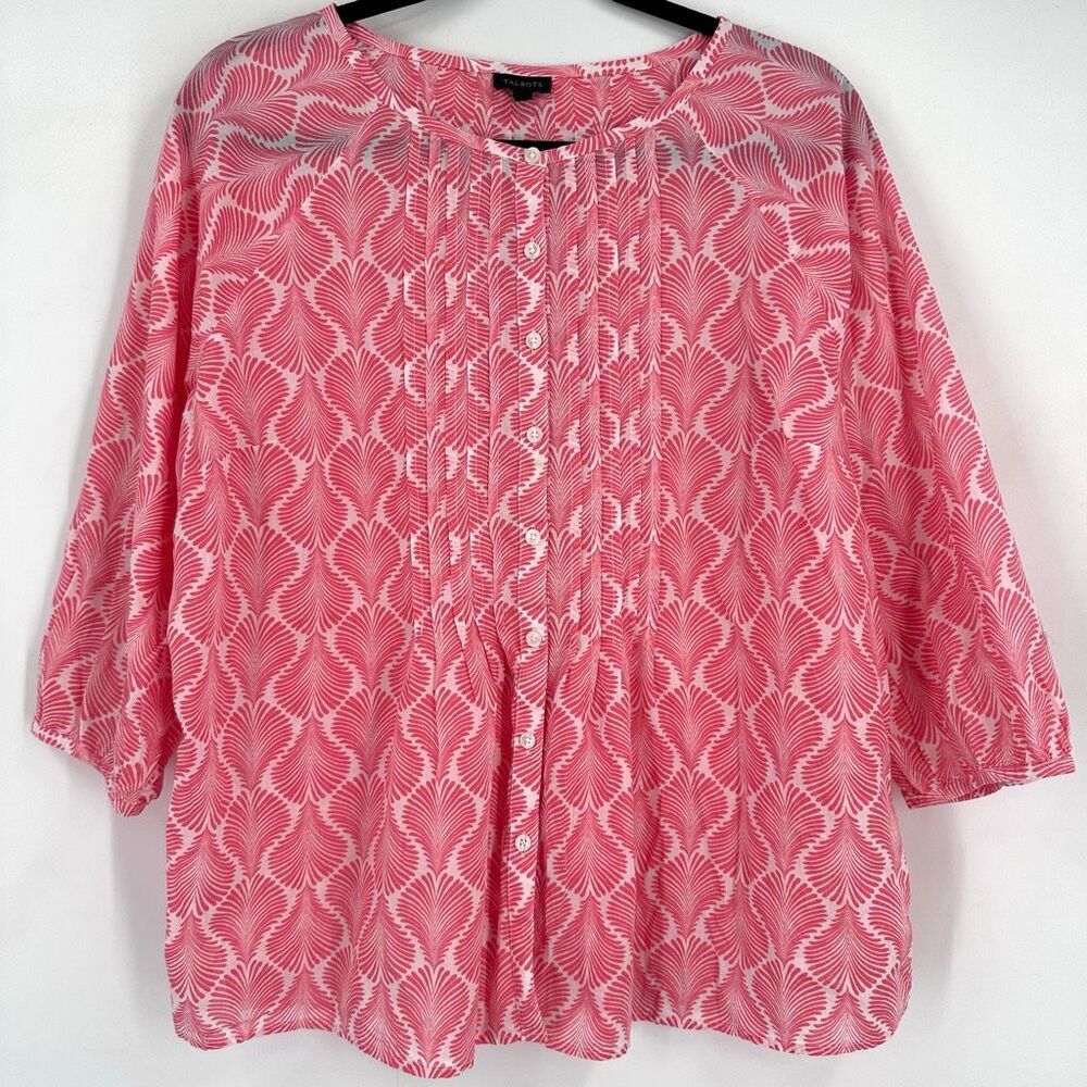 Talbots Women's Button Up Pleated Coastal Pink Blouse Top‎ Size L Cotton Beach
